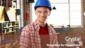  Presentation with worker safety - Cool new PPT layouts with looking at camera safety glasses backdrop and a tawny brown colored foreground