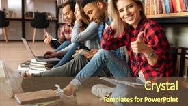  Presentation with mature students sitting at desks - Presentation theme consisting of looking at camera showing thumbs background and a tawny brown colored foreground