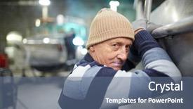  Presentation with mechanical engineering engineer tools - Slide deck having looking at camera while lean background and a ocean colored foreground