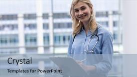  Presentation with writing education female writer - Beautiful slide deck featuring looking at camera while writing backdrop and a light blue colored foreground