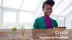  Presentation with man looking up happy - Slide set featuring looking at camera while writing background and a violet colored foreground