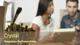  Presentation with artistic artist art brush - Theme with looking at canvases in art background and a tawny brown colored foreground