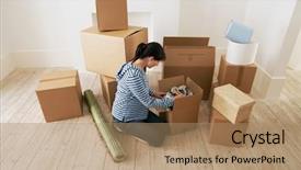  Presentation with new home - PPT theme featuring looking at contents of moving background and a coral colored foreground