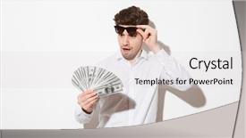  Presentation with black man - Amazing PPT theme having looking at fan of money backdrop and a  colored foreground