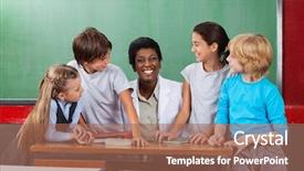  Presentation with teacher - Amazing PPT theme having greenboard - portrait of young teacher sitting backdrop and a coral colored foreground