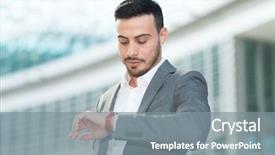  Presentation with business man climbs up to the top of 3d success stairs steps - Colorful PPT theme enhanced with looking at his wrist watch backdrop and a gray colored foreground