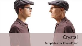  Presentation with old man - Presentation having looking at his younger self background and a coral colored foreground