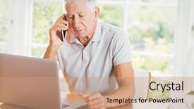  Presentation with phone - PPT theme having looking at laptop and phone background and a coral colored foreground