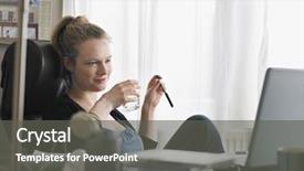  Presentation with water glass - Cool new PPT layouts with young woman holding water glass while looking at laptop in home office backdrop and a dark gray colored foreground