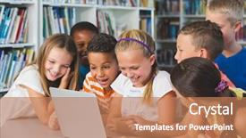  Presentation with kids wheelchair at school - PPT theme having looking at laptop in library background and a coral colored foreground