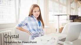  Presentation with tired - PPT layouts consisting of looking at laptop on desk background and a soft green colored foreground