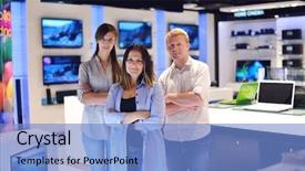  Presentation with consumer electronics - Audience pleasing slides consisting of looking at latest laptop television backdrop and a  colored foreground