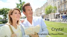  Presentation with public transport - Colorful slide set enhanced with couple in town looking at public transport map backdrop and a mint green colored foreground
