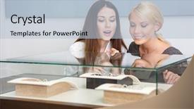  Presentation with looking glass - Slides having looking at showcase with jewelry background and a light blue colored foreground