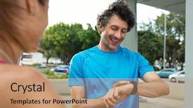  Presentation with heart rate monitor - Colorful slide set enhanced with looking at smartwatch checking gps backdrop and a coral colored foreground