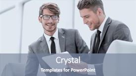  Presentation with five business people standing together and smiling - Colorful theme enhanced with looking at something on digi backdrop and a seafoam green colored foreground