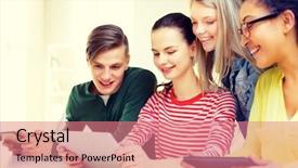  Presentation with education technology - PPT theme featuring looking at tablet pc computer background and a coral colored foreground