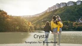  Presentation with fall lake - Slide set having family spending time together by the lake in autumn mom with her daughters standing and looking at the landscape fall weekend in the open air background and a coral colored foreground