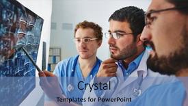  Presentation with multiracial team of young doctors stacking hands - Theme with looking attentively at x-ray background and a teal colored foreground