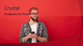  Presentation with smartphone - Slides consisting of looking away over red background and a red colored foreground