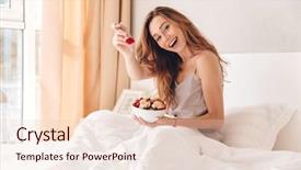  Presentation with ready to eat salad - Theme featuring looking camera eating fruit salad background and a lemonade colored foreground