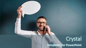  Presentation with man holding phone - PPT theme consisting of looking camera holding speech bubble background and a ocean colored foreground
