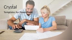  Presentation with home documents - Audience pleasing PPT theme consisting of looking documents - concentrated couple with bills backdrop and a soft green colored foreground