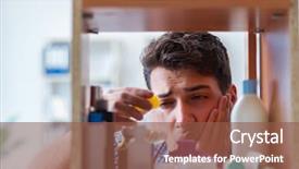  Presentation with medicines - Cool new PPT layouts with looking for medicines at farmacy backdrop and a tawny brown colored foreground