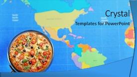  Presentation with food red - Colorful presentation theme enhanced with looking for pizza on world backdrop and a light blue colored foreground