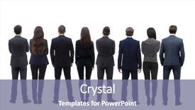  Presentation with small group top view - Beautiful slide deck featuring looking forward - back view group of business backdrop and a ocean colored foreground