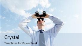  Presentation with forward - Slides consisting of looking forward - businessman with binoculars against blue background and a light blue colored foreground