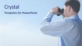  Presentation with law blue sky scales - Presentation having looking forward - businessman with binoculars against blue background and a sky blue colored foreground