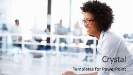  Presentation with side by side - PPT theme with looking forward - portrait of smiling woman background and a light blue colored foreground