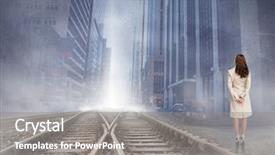  Presentation with railway tracks - Presentation theme consisting of looking forward - rear view of businesswoman background and a gray colored foreground