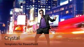  Presentation with cool - Amazing PPT theme having looking guy in time square backdrop and a red colored foreground