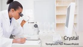  Presentation with virtual laboratory biology - Slide set having looking in microscope in laboratory background and a light gray colored foreground