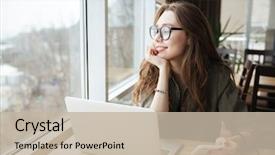  Presentation with mobile phone in woman hand - Audience pleasing PPT theme consisting of looking in window in cafe backdrop and a mint green colored foreground