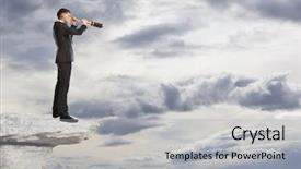  Presentation with telescope - Audience pleasing PPT layouts consisting of looking job - businessman looks through a telescope backdrop and a light gray colored foreground