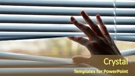  Presentation with finger - PPT layouts featuring looking open hole - female hand separating slats background and a coral colored foreground