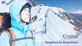  Presentation with mountain top - Slide set consisting of looking out snowboarders walking uphill background and a sky blue colored foreground