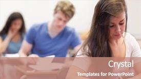  Presentation with good - Cool new PPT theme with looking students having a test backdrop and a coral colored foreground