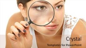  Presentation with looking glass - Audience pleasing slides consisting of sleuth - attractive woman looking backdrop and a  colored foreground