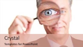  Presentation with man looking up happy - Amazing PPT layouts having looking through a magnifying glass backdrop and a coral colored foreground