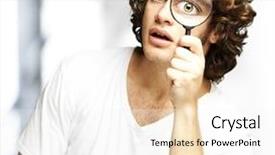 Presentation with man looking up happy - Cool new slides with looking through a magnifying glass backdrop and a  colored foreground