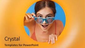  Presentation with happy young student girl holding - Audience pleasing theme consisting of looking through inflatable ring hole backdrop and a gold colored foreground