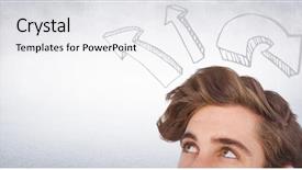  Presentation with man on top of mountain - Slide deck having looking up at upward arrows background and a white colored foreground