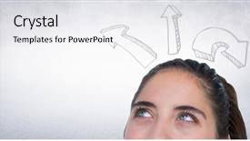  Presentation with head - Colorful presentation design enhanced with looking up at upward arrows backdrop and a white colored foreground