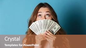  Presentation with pretty girl - PPT layouts enhanced with looking up isolated over blue background and a  colored foreground