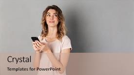  Presentation with smartphone - PPT layouts enhanced with looking up over grey bacground background and a coral colored foreground