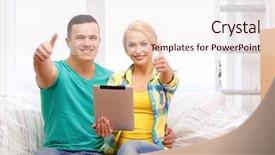  Presentation with cinematography video movie cinema concept - Beautiful slide set featuring looking up real estate online - moving home technology and couple backdrop and a sky blue colored foreground